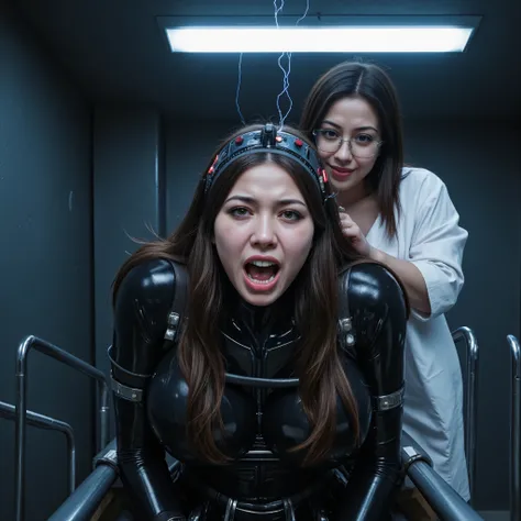 Photorealistic image of a distraught young Japanese woman with long brown hair, wearing a tight, ((shiny black latexsuit and restraints including a broad metal collar)) and (((((electronic mindcontrol headband over brows with several small controllights)))...