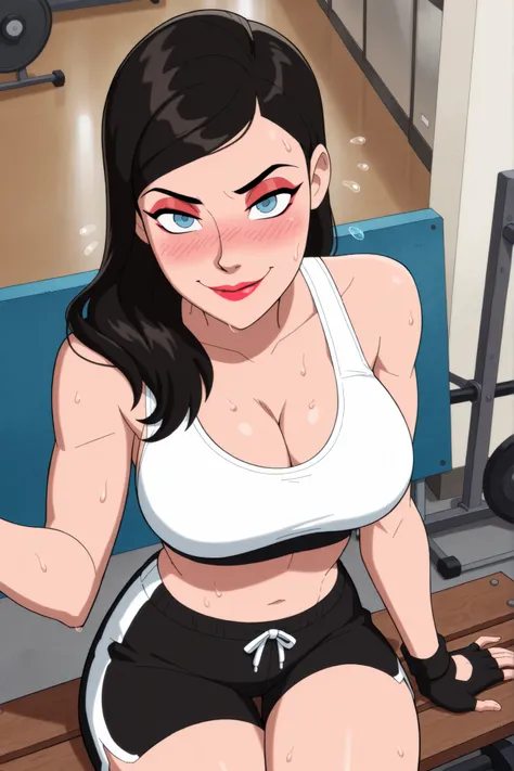 BREAK, score_6_up, score_7_up, score_8_up, score_9, 1girl, solo, loislane, black hair, long hair, makeup, lipstick, blue eyes, large breasts, cleavage, curvy, athletic, looking at viewer, seducing viewer, teasing viewer, smiling, closed mouth, seductive ex...