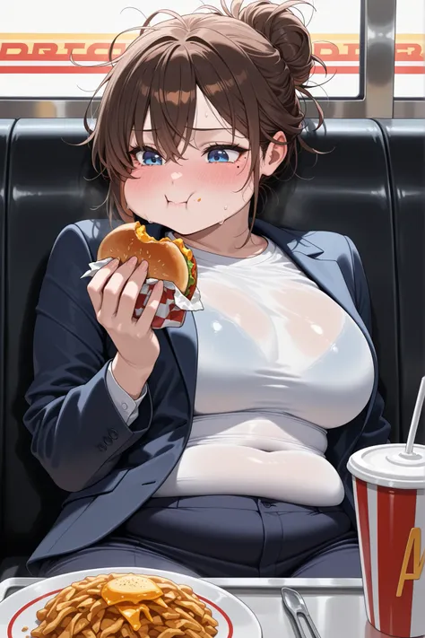 Watercolor painting,Perfect hand,masterpiece, best quality,very aesthetic, BREAK,(solo) (woman)(sitting in booth, eating, puffed cheek, frantic, dynamic scene, blushing, light sweat, looking at food, slight tears, messy hair, close up)(), (), (brown hair, ...