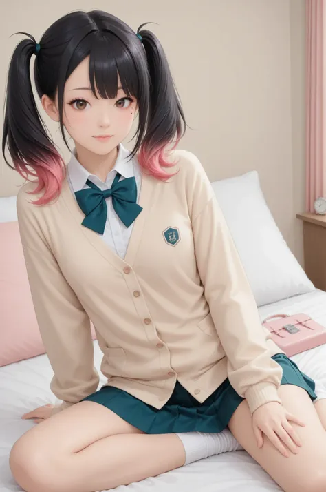 jpn-girl-V,美少女, 制服, プリーツスカート, ワイシャツ, プールの背景, Minami Yoshikawa
black hair with pink inner color hair, twin tails, asymmetrical hair, brown eyes, mole under the eye, slight build,