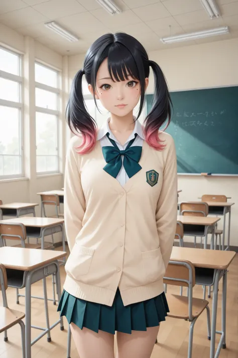 jpn-girl-V,Beautiful girl, uniform, pleated skirt, shirt, classroom background, Minami Yoshikawa
black hair with pink inner color hair, twin tails, asymmetrical hair, brown eyes, mole under the eye, slight build,