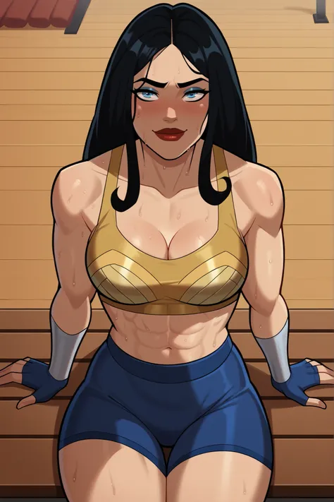  score_9, score_8_up, score_7_up, score_6_up, BREAK, solo, 1girl, wonderwoman, long hair, black hair, blue eyes, large breasts, cleavage, curvy, athletic, smile, closed mouth bedroom eyes, seductive expression, looking at viewer, seducing viewer, teasing v...