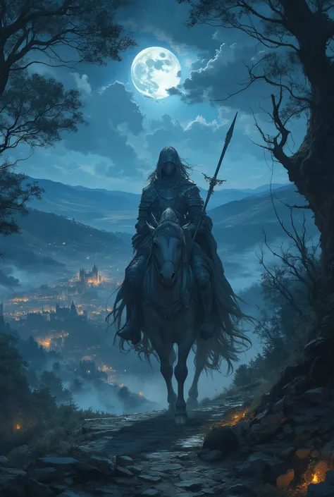 Solitary knight riding a powerful horse through a medieval landscape at night, moonlight illuminates the ancient stone castle in the distance, rolling misty hills dotted with torch-lit villages, armor gleaming with subtle blue highlights from the full moon...