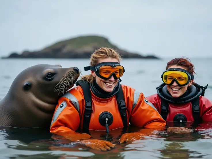 A powerful female deep-sea diver in a pressurized orange rubber drysuit with silver stripes with hydraulic joints and glowing orange visor, cutely squished between two fat sea lions in the shallow ocean waters surrounding an island, another female diver in...