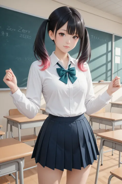 jpn-girl-V, Beautiful girl, year zero, uniform, pleated skirt, shirt, classroom background, Minami Yoshikawa
black hair with pink inner color hair, twin tails, asymmetrical hair, brown eyes, mole under the eye, slight build,