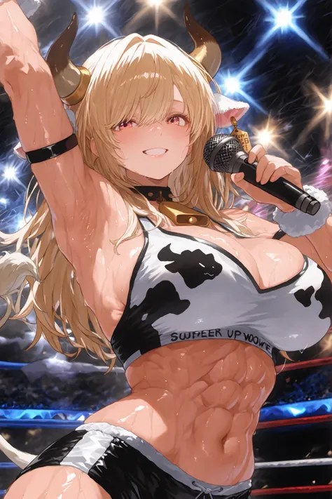  monster、masterpiece,最High Quality,Super Detailed,high resolution,Official Illustration,Slender,High Quality、score_9、score_8_up、score_7_up、最High Quality、dynamic pose、   dynamic angle、super wide shot、upper body、((マイクパフォーマンスをするoxpro wrestlingラー))Single Woman...