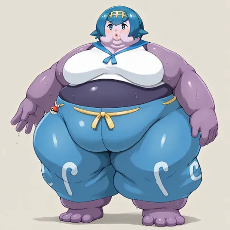 colored skin, lips, thick lips, pokemon (creature), no humans, purple skin, 1lana1, blue hair, short hair, blue eyes, 2default2, yellow hairband, swimsuit under clothes, white shirt, sleeveless shirt, sailor collar, blue pants, baggy pants, blank_stare, em...