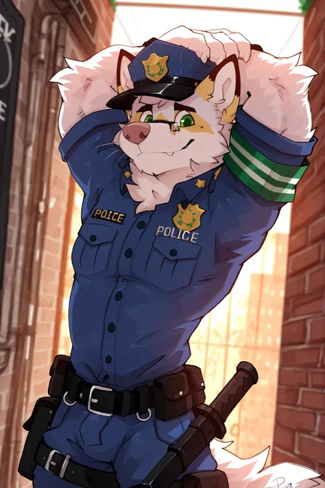 by Pache Riggs, first focus on the anthropomorphic male and the athletic canine, light fur, green eyes, police uniform, Sexy police, pose sexy, arms over the head lenses 