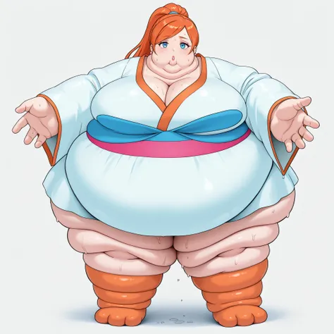 zzFurisodegirl, long hair, orange hair, ponytail, blue eyes, earrings, bangs, kimino, sash, blank_stare, empty_stare,  fat, chubby, obese, gigantic arms and legs, large breasts, sweating, wet body, swollen face, Fat_neck , Fat head , eyes with crushed chee...