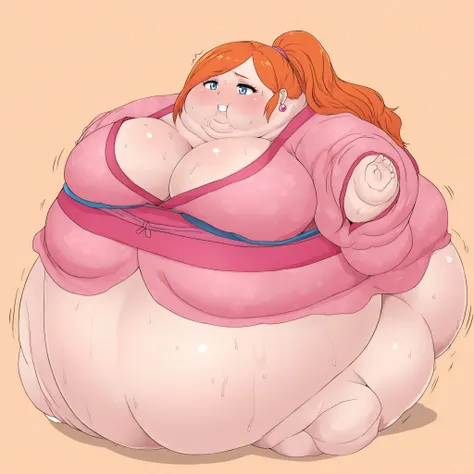 zzFurisodegirl, long hair, orange hair, ponytail, blue eyes, earrings, bangs, kimino, sash, ,  fat, chubby, obese, gigantic arms and legs, large breasts, sweating, wet body, swollen face, Fat_neck , Fat head , eyes with crushed cheeks , nose with crushed c...