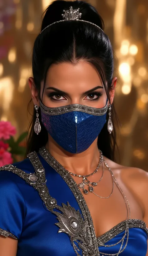 Hyperrealistic cinematic Close by Sandra Bullock as Kitana from Mortal Kombat, wearing elegant royal blue costume with silver details and shiny jewelry. Blue metallic mask covering only the mouth, with realistic polished metal texture and perfect fit to th...