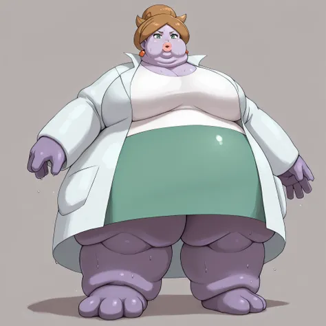 colored skin, lips, thick lips, pokemon (creature), no humans, purple skin, 1girl, solo, c-juniper, mature female, green eyes, hair bun, brown hair, lab coat, green skirt, earings, white shirt, long sleeves, blank_stare, empty_stare,  fat, chubby, obese, g...