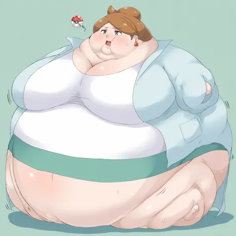 1girl, solo, c-juniper, mature female, green eyes, hair bun, brown hair, lab coat, green skirt, earings, white shirt, long sleeves, ,  fat, chubby, obese, gigantic arms and legs, large breasts, sweating, wet body, swollen face, Fat_neck , Fat head , eyes w...