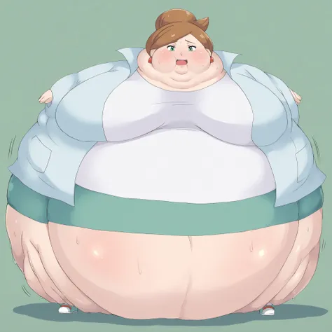 1girl, solo, c-juniper, mature female, green eyes, hair bun, brown hair, lab coat, green skirt, earings, white shirt, long sleeves, ,  fat, chubby, obese, gigantic arms and legs, large breasts, sweating, wet body, swollen face, Fat_neck , Fat head , eyes w...