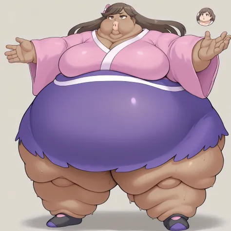 BlossomILXL, long hair, brown hair, brown eyes, pink kimono, blank_stare, empty_stare,  fat, chubby, obese, gigantic arms and legs, large breasts, sweating, wet body, swollen face, Fat_neck , Fat head , eyes with crushed cheeks , nose with crushed cheeks ,...