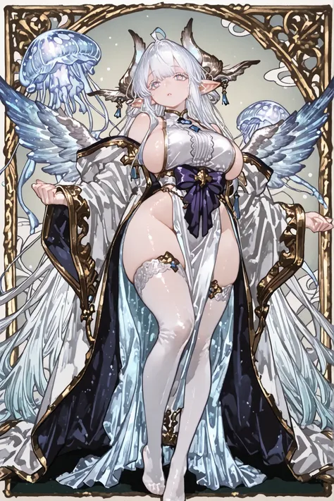 (Solo), (portrait), (Pastel colours), (Vivid colours), heavenly dragon goddess girl, gbfwam, big elf ear, animal ears, ahoge, blue eyes, + +, flower-shaped pupils, wamdef, white dress, bare shoulders, sleeveless, adult Wamdus granblue fantasy, big waist bo...