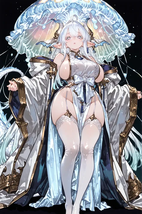 (Solo), (portrait), (Pastel colours), (Vivid colours), heavenly dragon goddess girl, gbfwam, big elf ear, animal ears, ahoge, blue eyes, + +, flower-shaped pupils, wamdef, white dress, bare shoulders, sleeveless, adult Wamdus granblue fantasy, big waist bo...