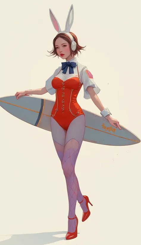 Picture of a woman surfing brilliantly in the air、Slender surfboard、A woman wearing a playful and striking outfit that combines elements of glamor and fantasy.retro bunny girl costume、 she fits perfectly、and wears a bright red corset-shaped leotard that ac...