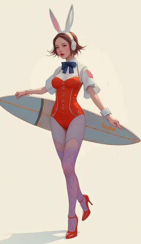 Picture of a woman surfing brilliantly in the air、Slender surfboard、A woman wearing a playful and striking outfit that combines elements of glamor and fantasy.retro bunny girl costume、 she fits perfectly、and wears a bright red corset-shaped leotard that ac...