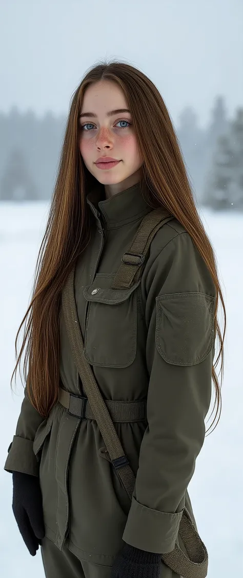    fair-skinned girl   , cabelo liso , cabelo comprido , cabelo castanho, neve , army clothes, olhos azuis