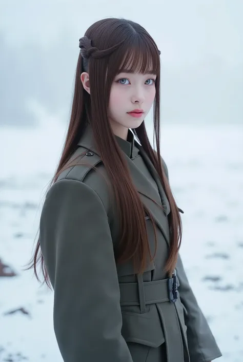    Light-skinned Asian girl   , cabelo liso , cabelo comprido , cabelo castanho, neve , army clothes, olhos azuis