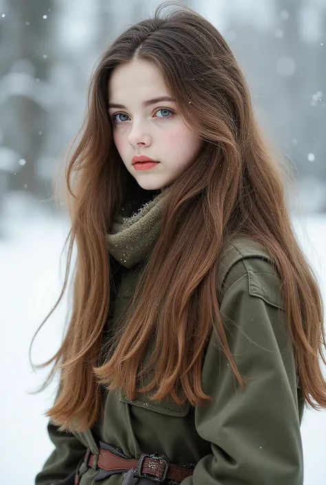 fair-skinned girl , cabelo liso , cabelo comprido , cabelo castanho, neve , army clothes, olhos azuis
