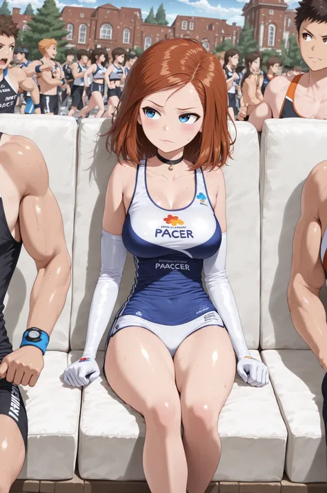 Ann Possible. ginger . dark ginger hair, medium hair . blue eyes . pink lips, medium saggy breasts, huge hips . slim body fair skin, mature woman, choker . | (((masterpiece))), (((best quality))), ((marathon pacer)), ((road running)), ((five muscular male ...