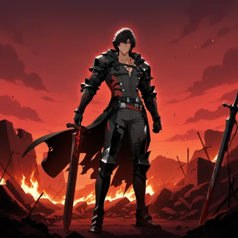 Clive Rosfield, anime art style, mid-20s, dark messy hair, red glowing eyes filled with rage and sorrow. His black armor is damaged and covered in soot and blood. Behind him burns a massive demonic silhouette of Ifrit emerging from the shadows. He clenches...