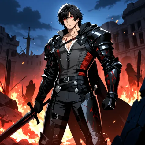 Clive Rosfield, anime art style, mid-20s, dark messy hair, red glowing eyes filled with rage and sorrow. His black armor is damaged and covered in soot and blood. Behind him burns a massive demonic silhouette of Ifrit emerging from the shadows. He clenches...