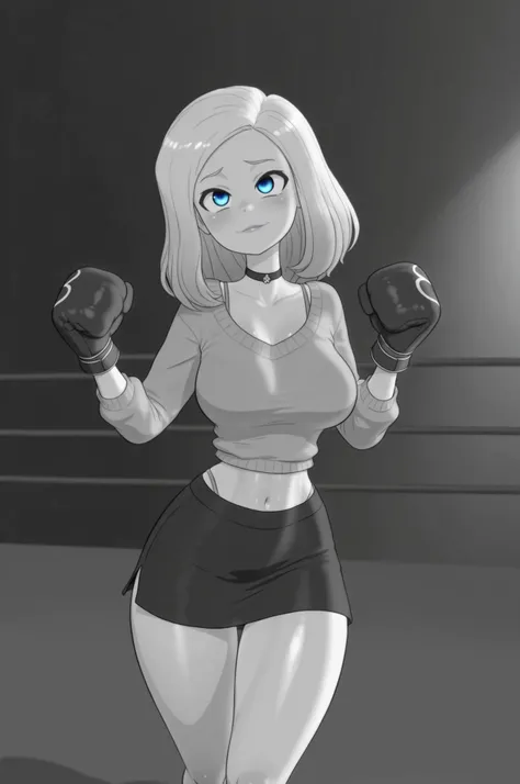 Ann Possible. ginger . ginger hair, medium hair . blue eyes . pink lips, medium saggy breasts, huge hips . slim body fair skin, mature woman, choker . | boxer in a boxing ring. Wearing sweater and panties.Wearing boxing gloves. skirt, lensflare, (curvy) a...