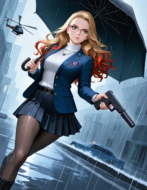 masterpiece, best quality, ultra-detailed, absurdres, highres, cinematic realism, 1female, solo, 29-year-old female, British field agent, serious expression, (red wavy hair in side pigtail:1.2), emerald green eyes, subtle makeup, natural lips, (wearing gla...