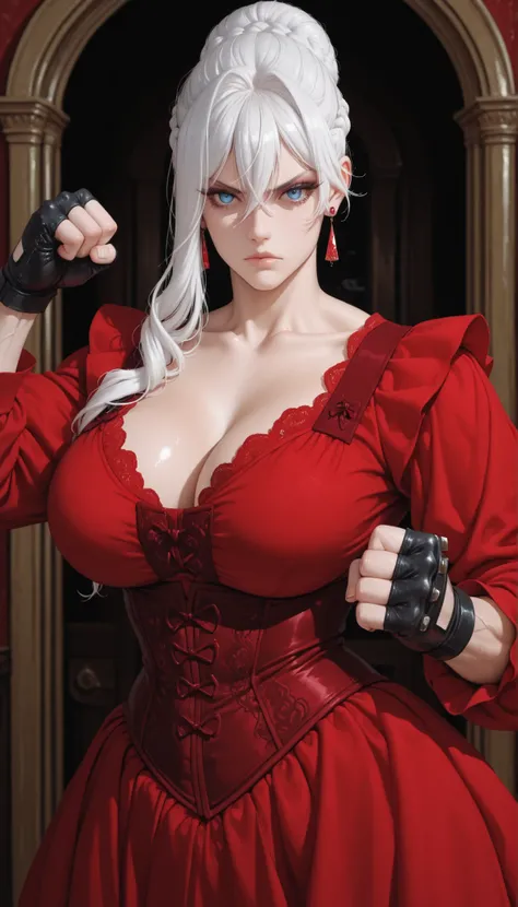 white hair, long hair, braid, braided bun, single hair bun, hair between eyes, blue eyes, 1girl, solo, earrings, jewelry, collarbone, looking at viewer 
fingerless gloves, black gloves, big breasts, thick muscular thighs, wide curvy hips, voluptuous body, ...