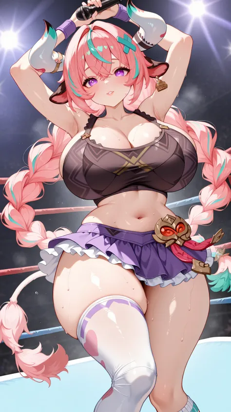 varesa \(genshin impact\) a sexy female wrestler on a vibrant ring, wearing a playful wrestling mask with adorable details. She has a curvy figure with a large chest and full hips, has shiny skin and is wearing white knee-high socks with pink stripes. she...