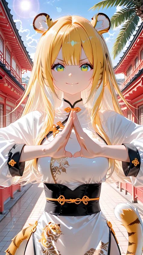 lens flare,lensflare-style,(masterpiece, best quality), ethereal atmosphere, golden hour, JuFufu
1girl, green eyes, tiger tail, tiger ears, blonde hair, bangs, long hair, multicolored hair, alternate costume, china dress, (palm-fist greeting:1.2), v-shaped...