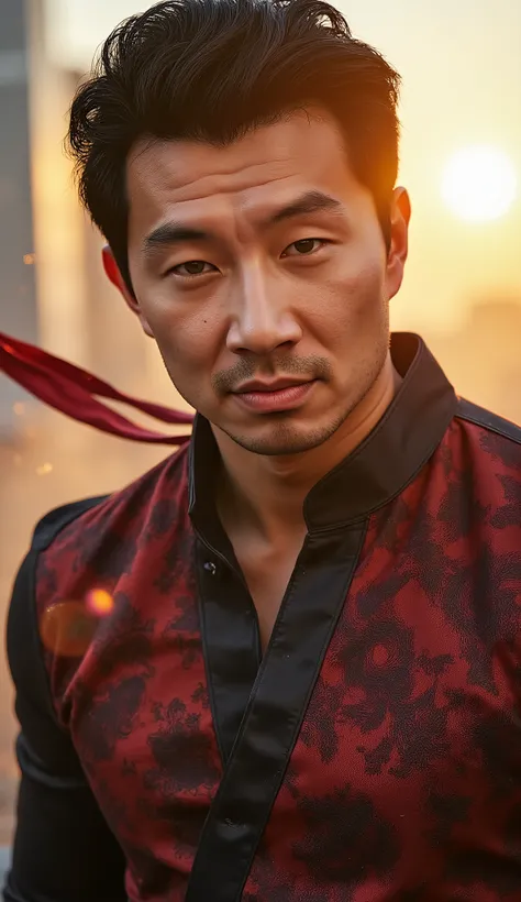 Ultra-realistic Close by Simu Liu as Liu Kang, with a red band in the wind and eyes shining in a golden tone. Black and red martial suit, with silk and leather texture. Background with intense sunlight reflecting on blurred modern buildings. warm lighting,...