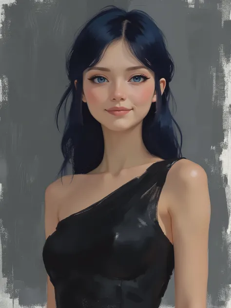 sketch painting, stylized illustration, brush strokes, sr3fmj, marinette Dopanchan, A very beautiful and cute 22 year old woman with a slight smile. (((Shy smile))), sharp focus on the face, (((Western eyes:1.5))), (((Extremely detailed ice-blue eyes, beau...