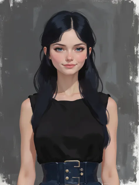 sketch painting, stylized illustration, brush strokes, sr3fmj, marinette Dopanchan, A very beautiful and cute 22 year old woman with a slight smile. (((Shy smile))), sharp focus on the face, (((Western eyes:1.5))), (((Extremely detailed ice-blue eyes, beau...