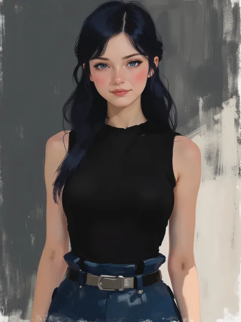 sketch painting, stylized illustration, brush strokes, sr3fmj, marinette Dopanchan, A very beautiful and cute 22 year old woman with a slight smile. (((Shy smile))), sharp focus on the face, (((Western eyes:1.5))), (((Extremely detailed ice-blue eyes, beau...