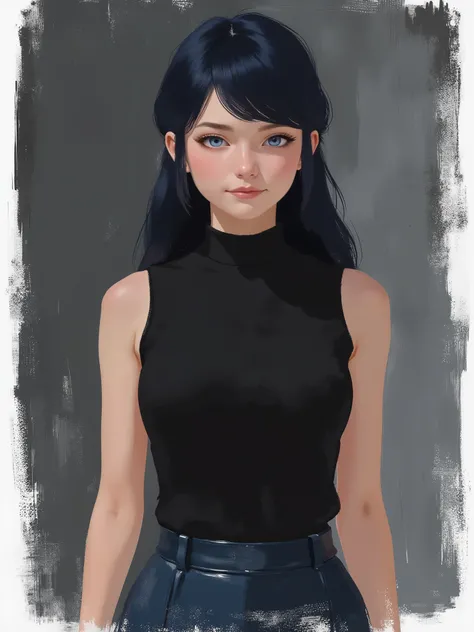 sketch painting, stylized illustration, brush strokes, sr3fmj, marinette Dopanchan, A very beautiful and cute 22 year old woman with a slight smile. (((Shy smile))), sharp focus on the face, (((Western eyes:1.5))), (((Extremely detailed ice-blue eyes, beau...