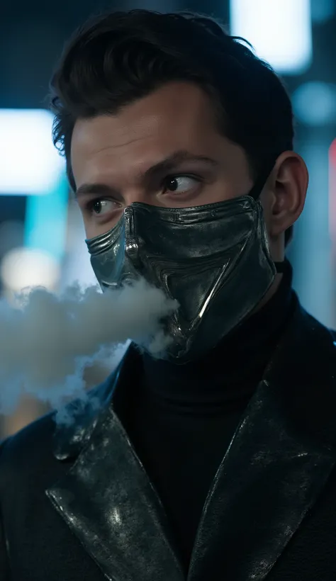 Close realista de Tom Holland como Smoke de mortal kombat, Gray metal mask covers only your mouth , shiny white eyes. Gray smoke circulates around the face. Urban night background with white lights and blurred neon blue reflections. soft and dense lighting...