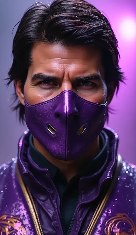 Close cinematic of Tom Cruise as Rain from Mortal Kombat, Violet metal mask covering only the mouth, lilac eyes with subtle sparkle. Purple and gold costume with a wet fabric texture. Rainy background with violet reflections and blurred lightning. HDR ligh...