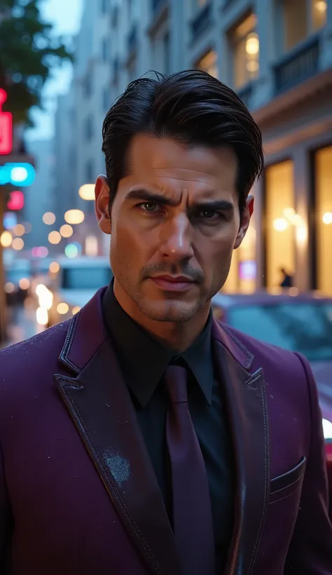Close hyperrealistic cinematographic man with traits similar to Rain, wearing dark violet suit with subtle gold details, fine fabric looking slightly wet by rain. Wet hair combed back, calm and confident expression.
Urban night background with parked luxur...