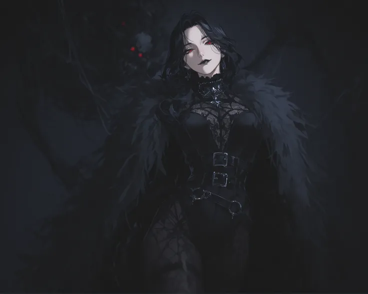 best quality, masterpiece, 1girl, black_hair, dynamic angle, long_hair, straight_hair, neutral expression, evil, mature face, dark fantasy, {black, evil, tall lady, splash art},black roses, high_collar, pattern undershirt, black one-piece bodysuit, smug,...