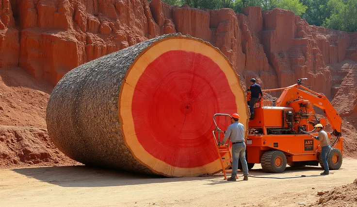 The giant log in the picture is impressive in size with a prominent bright red core, cut flat to reveal clear annual rings, showing the tree's age. It is placed on a light brown sandy ground, next to an orange industrial saw, with a worker wearing a hard h...