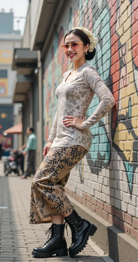 hyper HD, Masterpiece, Textured skin, 4K, Best quality , this picture of a "fashion breaker" beautiful woman with big breasts and tall body from Java with white skin wearing traditional Javanese clothes with her hair in a bun wearing sunglasses with pink g...