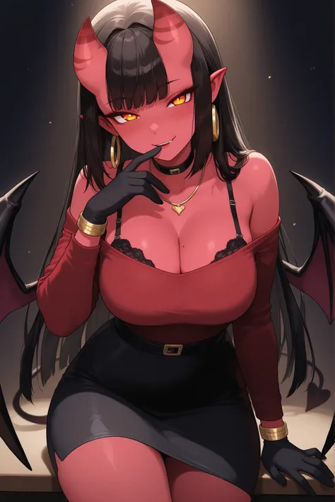 Masterpiece, cinematic lighting, Solo, score_9,score_8_up,score_7_up, source_demon, Meru the Succubus, black pencil skirt, seductive, elegant, looking at the viewer, crimson long sleeve half top, off shoulder, black bra straps, Gold jewelry:1.4, black glov...