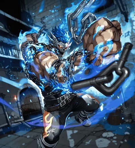 masterpiece, best quality, amazing quality, blue flames, blue fire, chains,