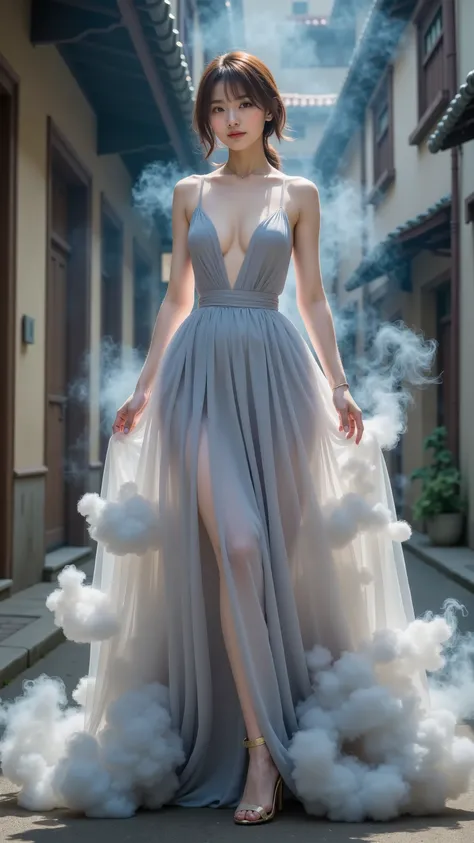 ((Beautiful Girl in a Dress Made of Smoke:1.2, melancholy fog fantasy art )), Beautiful fantasy art , fantasy art behance, (Fantasy Smoke Dress), FANTASY ART STYLE, very Beautiful fantasy art , Fantastic Dream, (Graceful Cinematic Fantasy Art, Smoke Use...