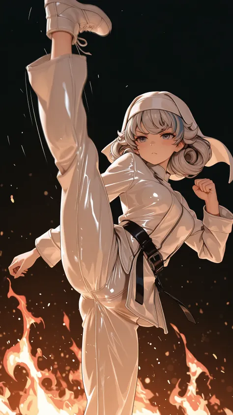 morimee_style,cute face,nun,latex,bdsm outfit,3DMM,Female martial artists have powerful high kick poses and motion blur effects wearing flames、casually draws attention with its appearance that endures dynamic movements with grace、The figure wears a traditi...