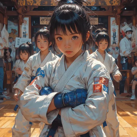 Female karate tournament players、vivid contrast between white suits and blue belts、meditative state of concentration before the game、posture with fists wrapped in blue armor、close up of sleeve patches with Japanese language and logos、blurry spectators and ...